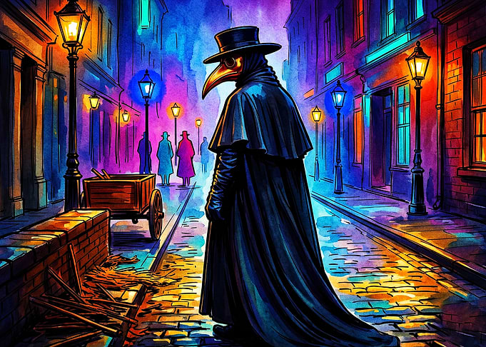 Plague Doctor City Watercolor Art