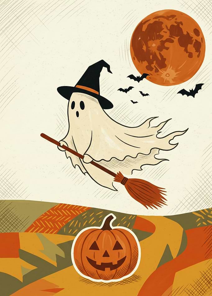 Flying Ghost Witch Halloween Pumpkin Full Moon Pencil Sketch