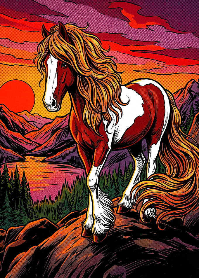 Horse Sunset Retro Comic Art Poster