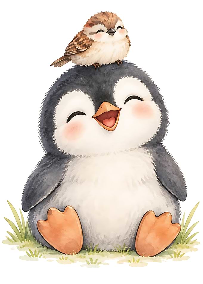 Cute Penguin with Sparrow Friend