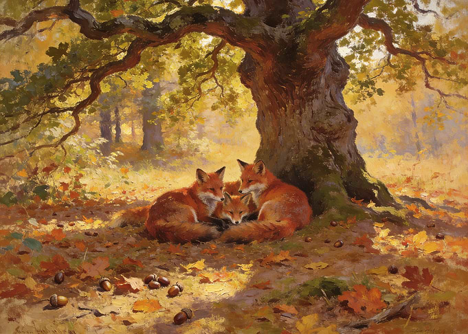 Three Foxes Resting Under Autumn Tree