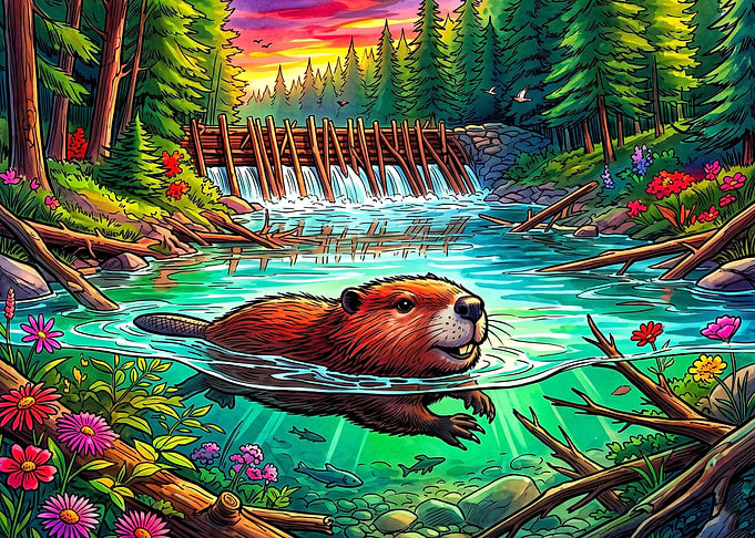 Beaver Swimming in Vibrant Forest Stream