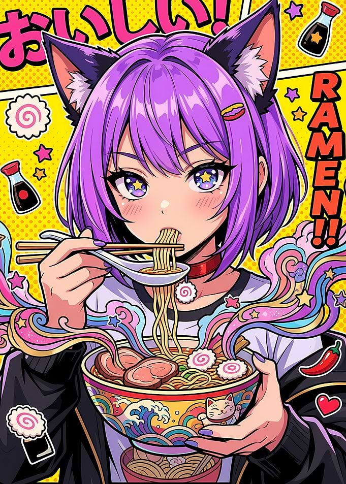 Anime Girl Eating Colorful Ramen
