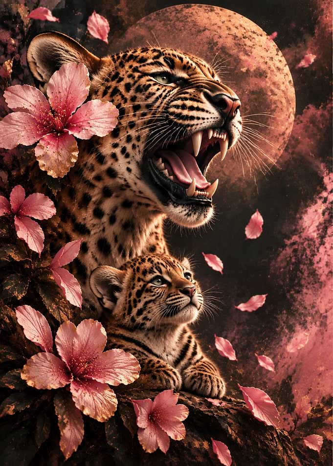 Leopard Mother and Cub with Flowers