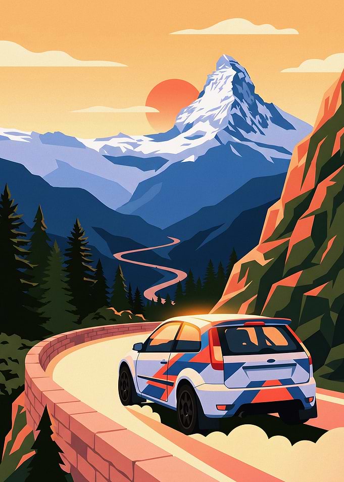Rally Car Driving Through Alpine Mountains