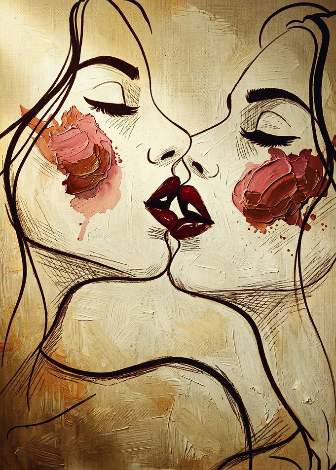 Kissing Women Faces Portrait Fine Art Oil Painting