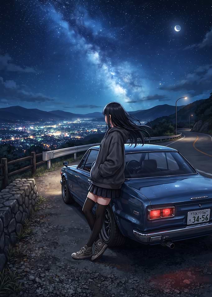 Anime Girl Leaning on Classic Car