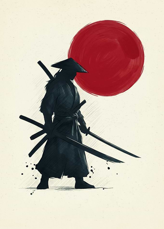 Japanese Samurai Warrior With Katana Swords And Red Sun Sumi E Art Style