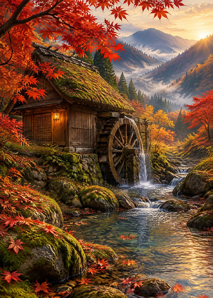 Autumn Watermill in Japanese Mountains