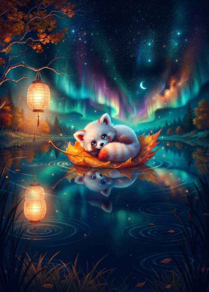 Cute Red Panda on Autumn Leaf