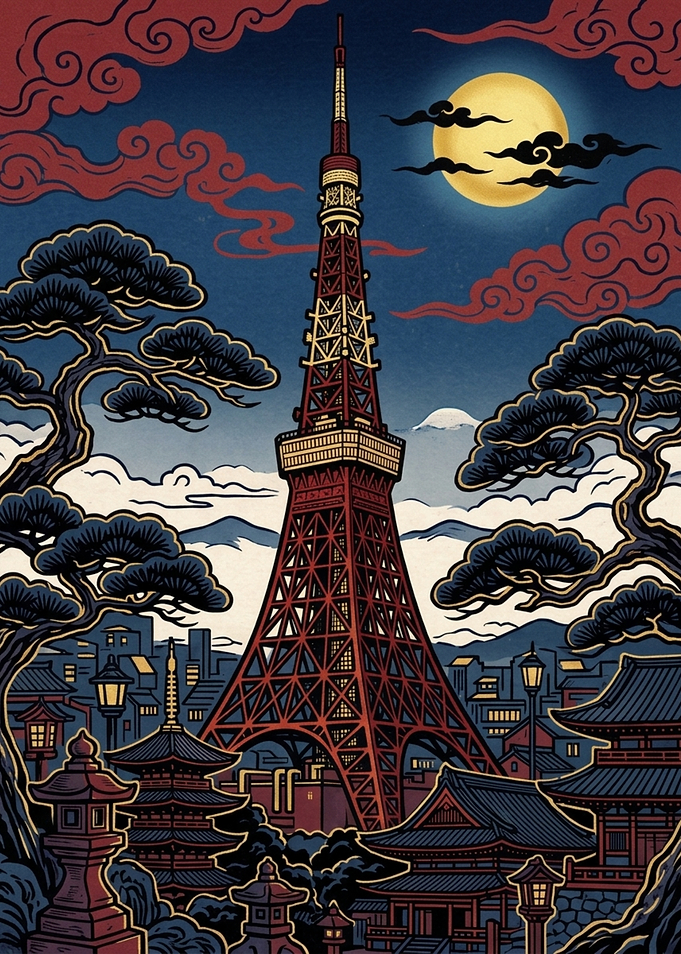 Tokyo Tower in Ukiyo-e Style