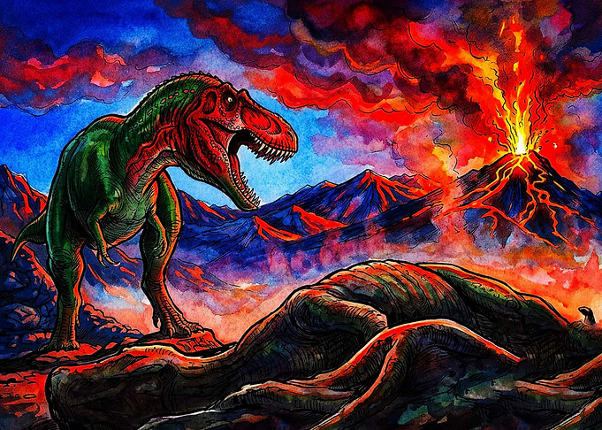 Tyrannosaurus Rex Before Volcanic Eruption