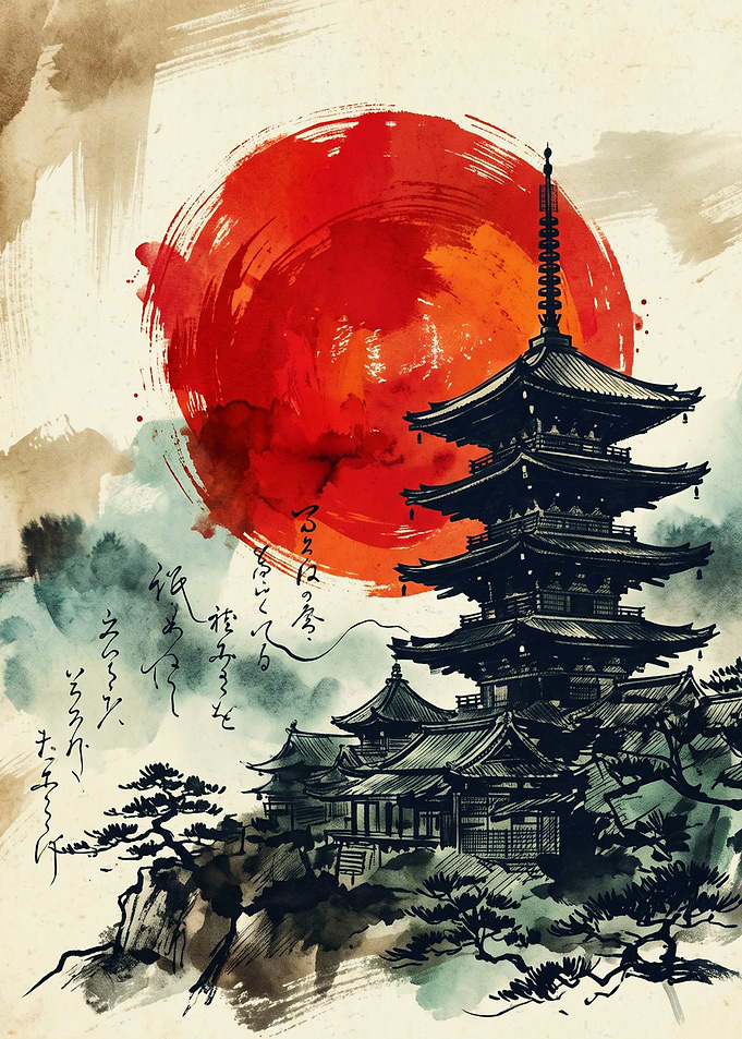 Japanese Pagoda Red Sun Ink Wash Painting Asian Architecture Art Style