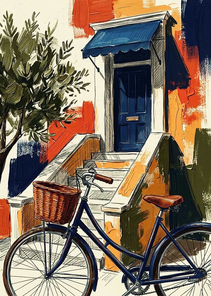 Blue Bicycle And Door Cityscape Clear Brush Strokes