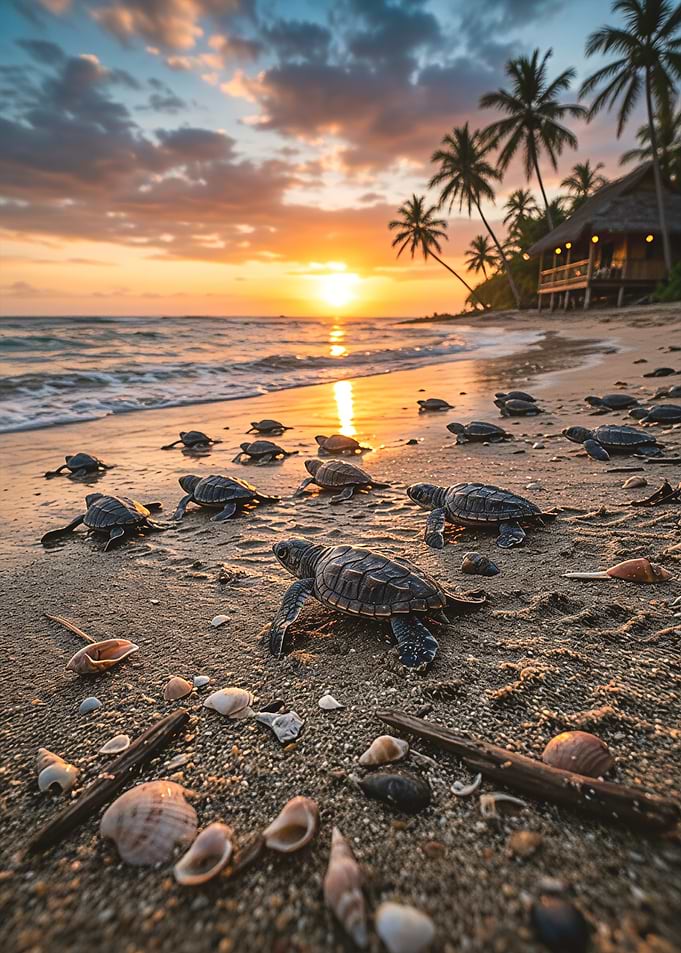 Baby Sea Turtles Hatching at Sunset