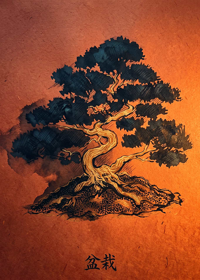 Japanese Bonsai Tree Zen Garden Asian Art Print Minimalist Ink Drawing
