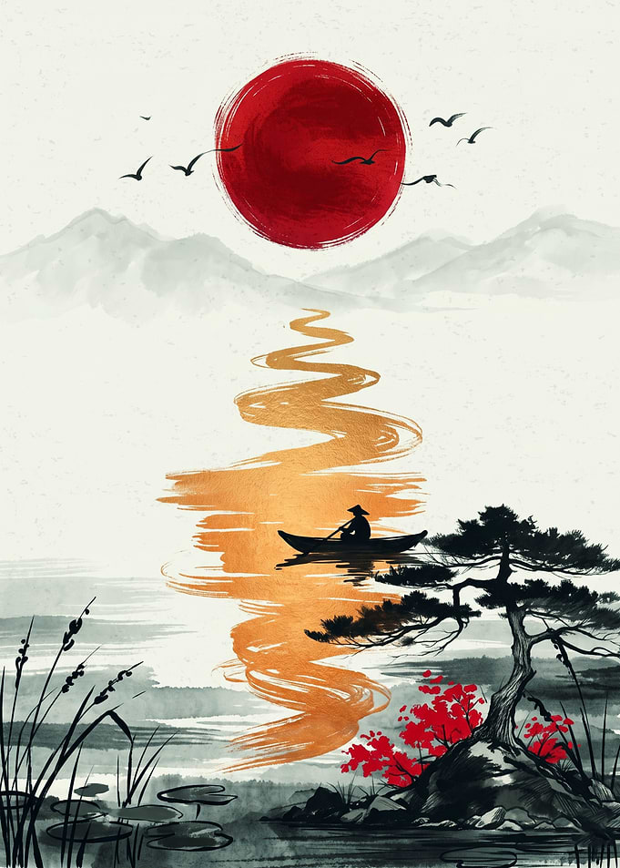 Japanese Boat Red Sun Landscape Asian Art Print