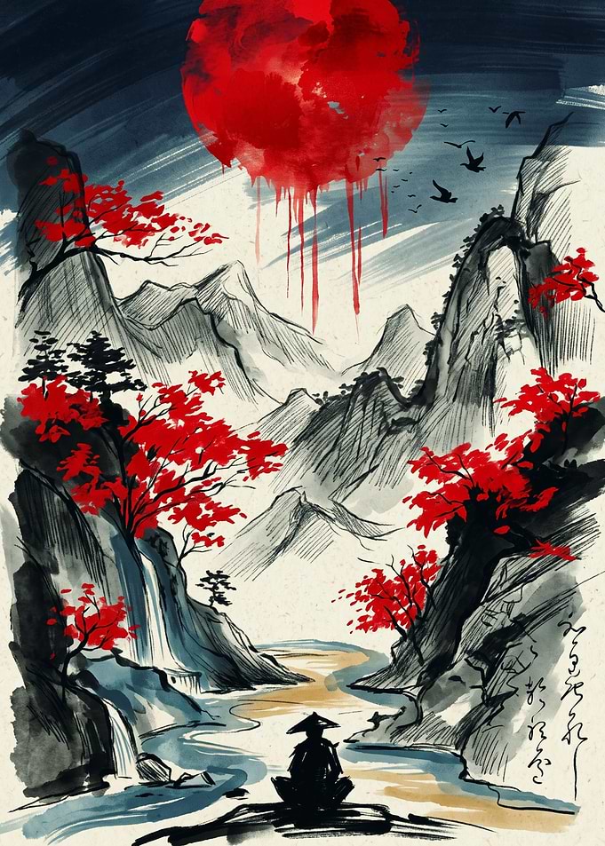Samurai Mountain Red Sun Landscape Japanese Ink Wash Art Print