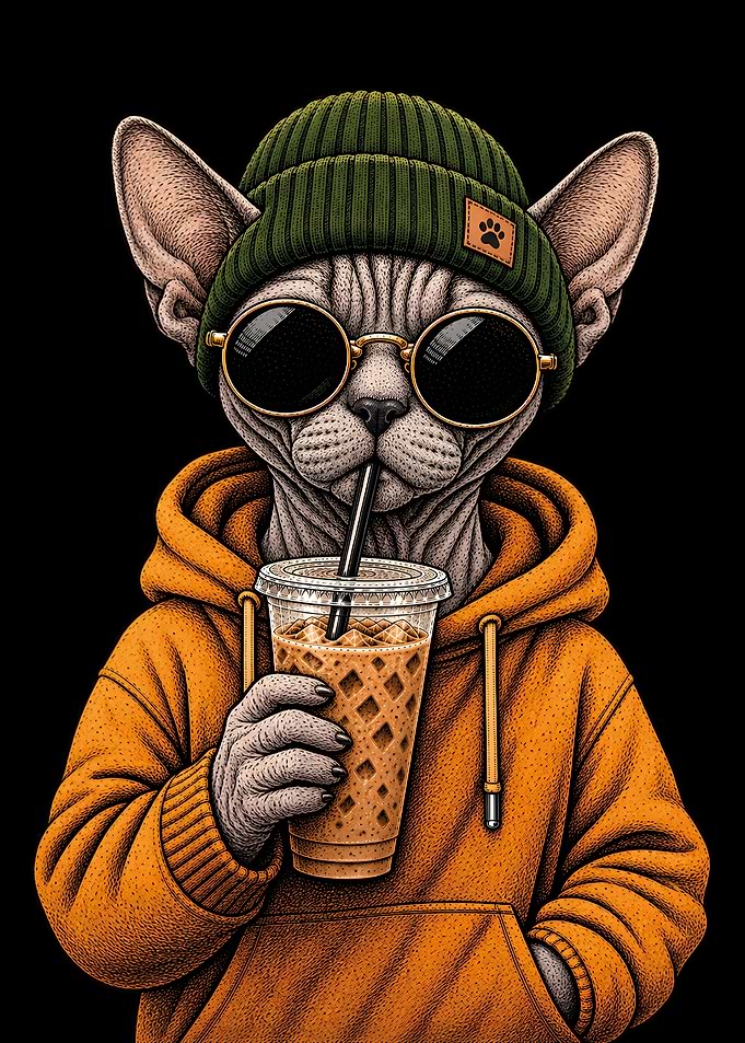 Cool Sphynx Cat Drinking Iced Coffee