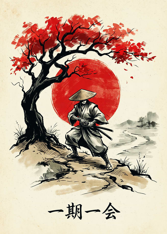 Samurai Warrior Under Red Tree Japan Art Japanese Calligraphy Poster Ink Wash