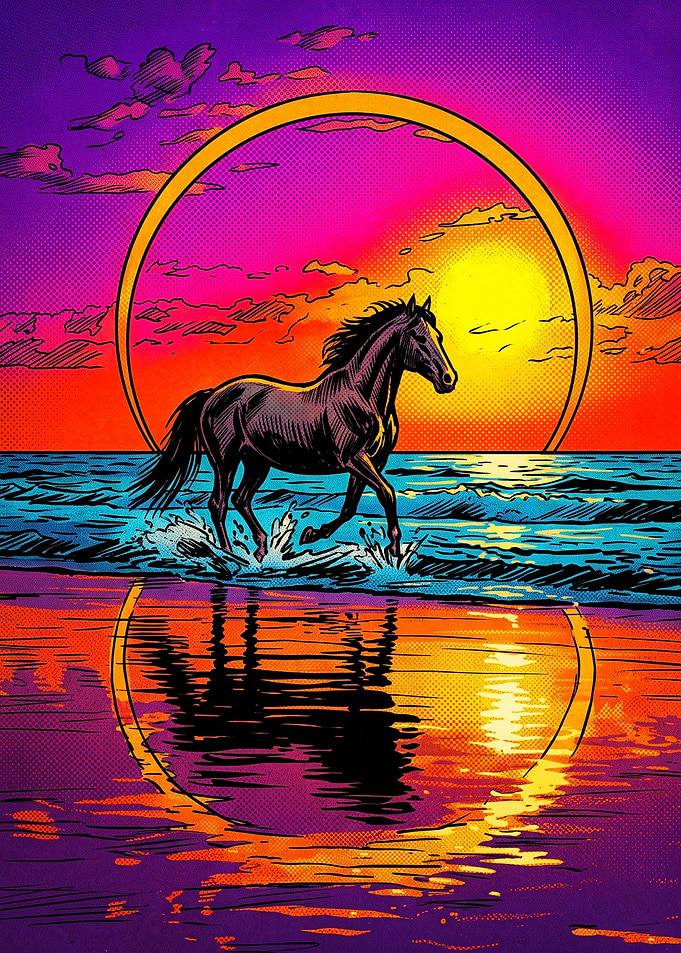 Horse Sunset Beach Retro Poster