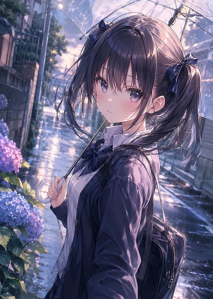 Anime Girl with Umbrella and Hydrangeas