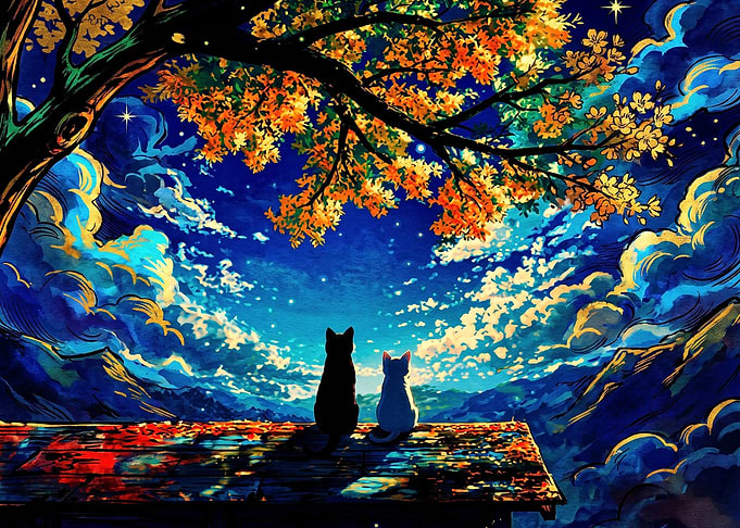 Two Cats Watching a Starry Sky