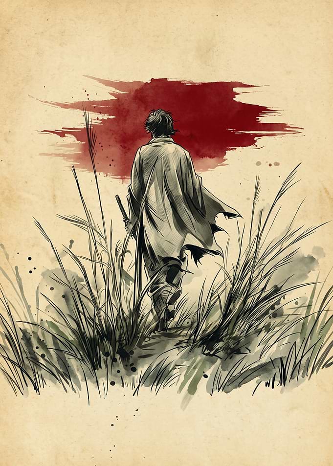 Samurai Walking Through Tall Grass Vagabond Anime Art Pencil Sketch