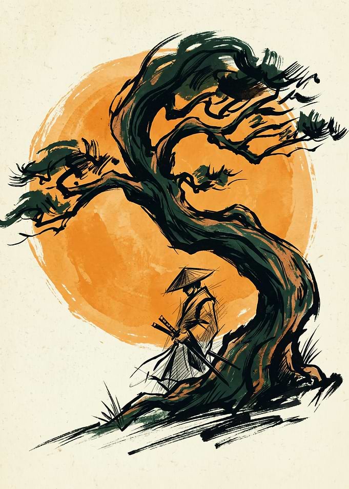 Samurai Under Bonsai Tree Japanese Art Print Minimalist Ink Wash Painting