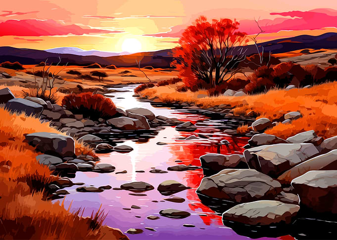 Vibrant Sunset Over Rocky Stream