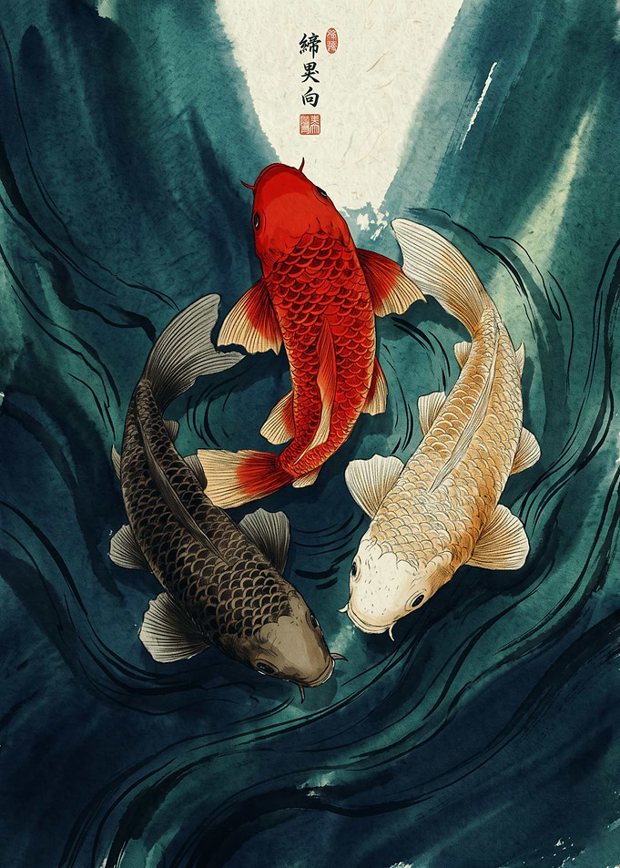 Three Koi Fish Swimming Japanese Art Print Traditional Watercolor Painting Wall Decor