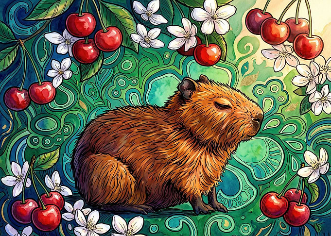Peaceful Capybara Among Cherry Blossoms