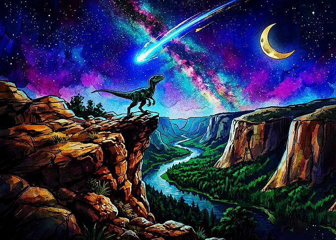 Dinosaur Watching a Cosmic Meteor Shower
