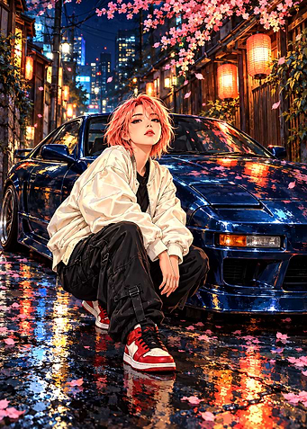 Anime Girl with Blue Sports Car
