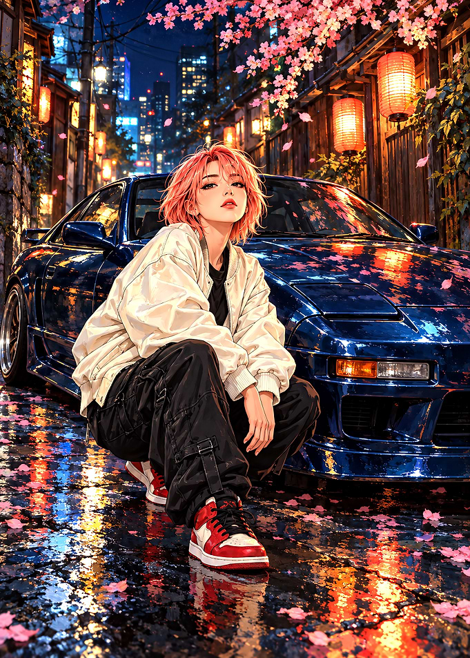 Anime Girl with Blue Sports Car