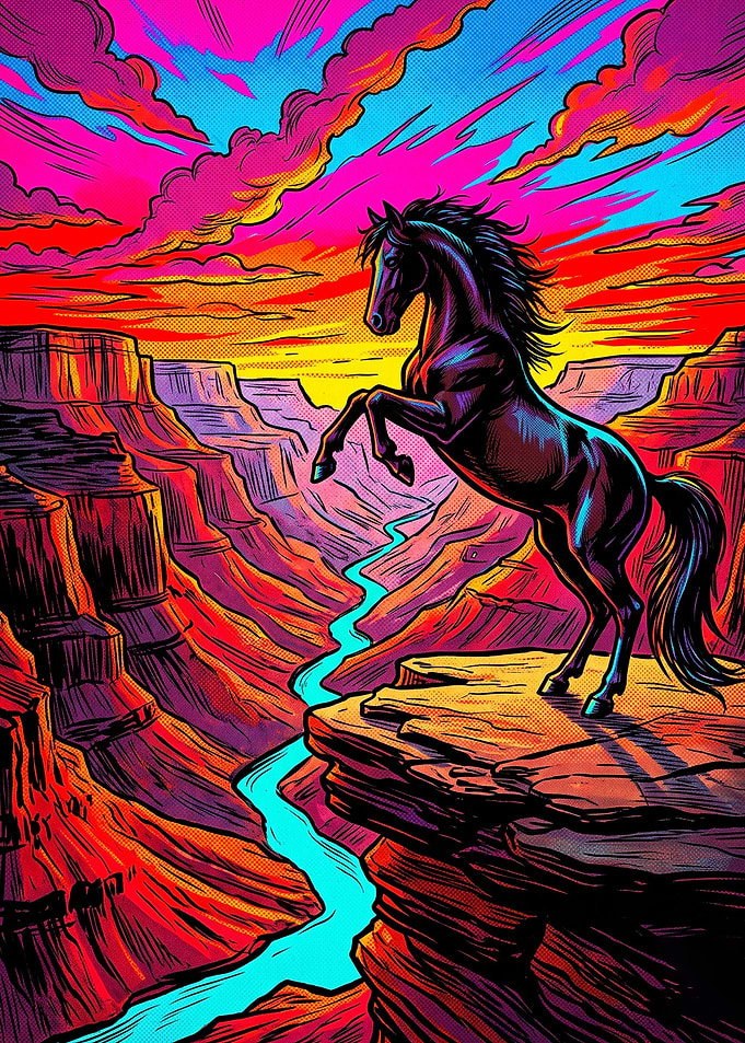 Horse Canyon Neon Trippy Art Poster