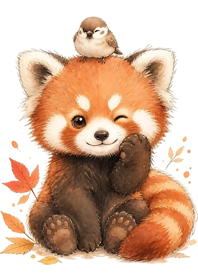 Cute Red Panda with Little Bird