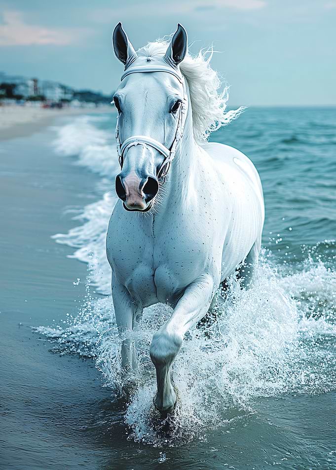 Majestic White Horse Running on Beach