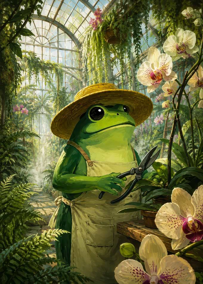 Frog Gardener in a Greenhouse