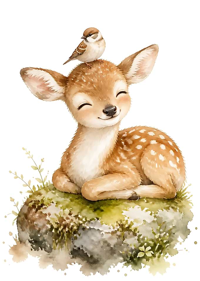 Cute Baby Deer and Sparrow