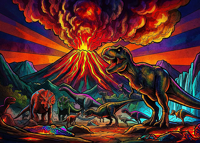 Vibrant Prehistoric Dinosaur Volcano Landscape