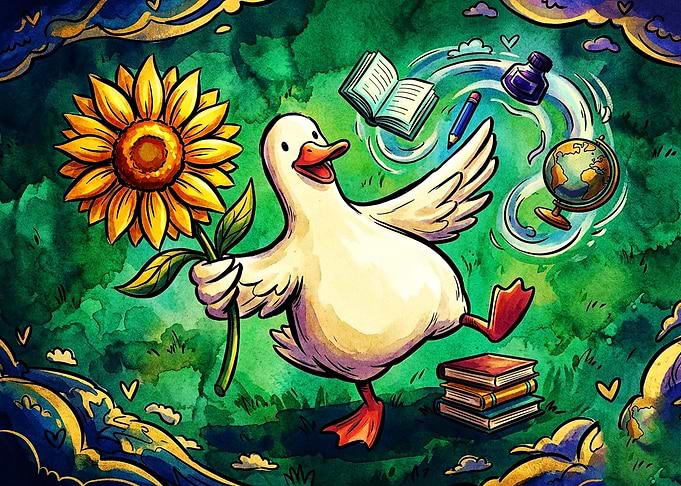 Whimsical Duck with Sunflower and Books