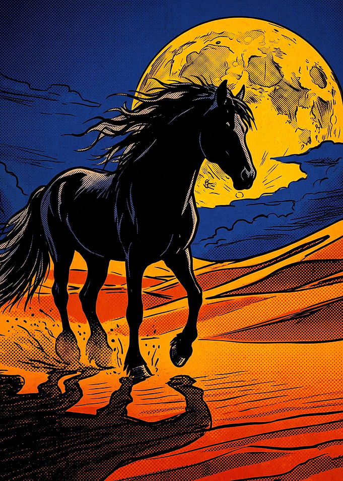 Horse Sunset Ocean Retro Comic Art