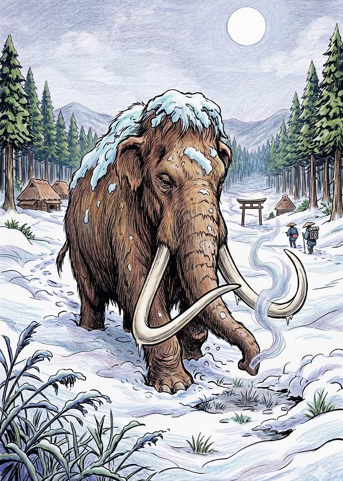 Woolly Mammoth in Snowy Japanese Village