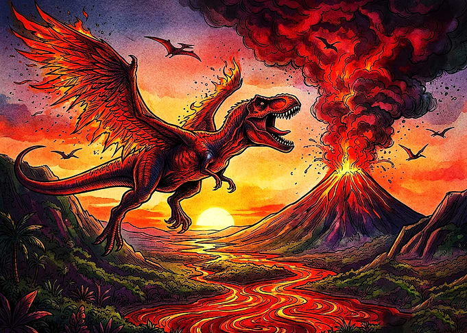 Fire Breathing Winged T-Rex Volcano Scene