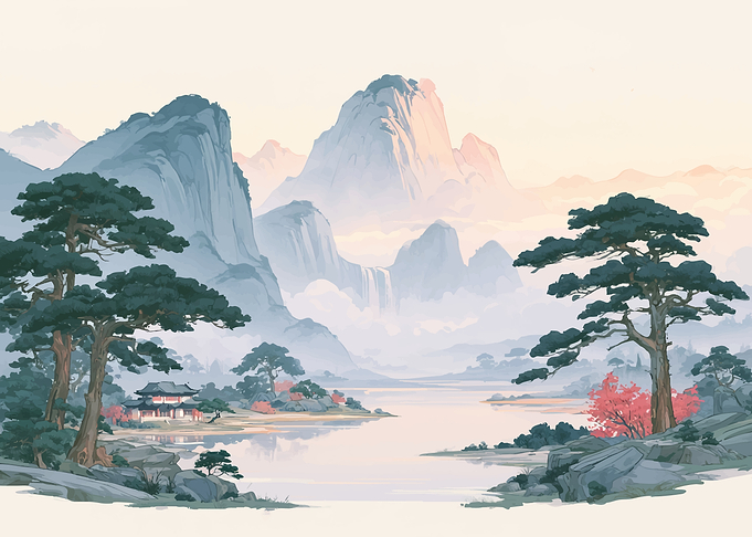 Serene Mountain Landscape with Traditional Pavilion