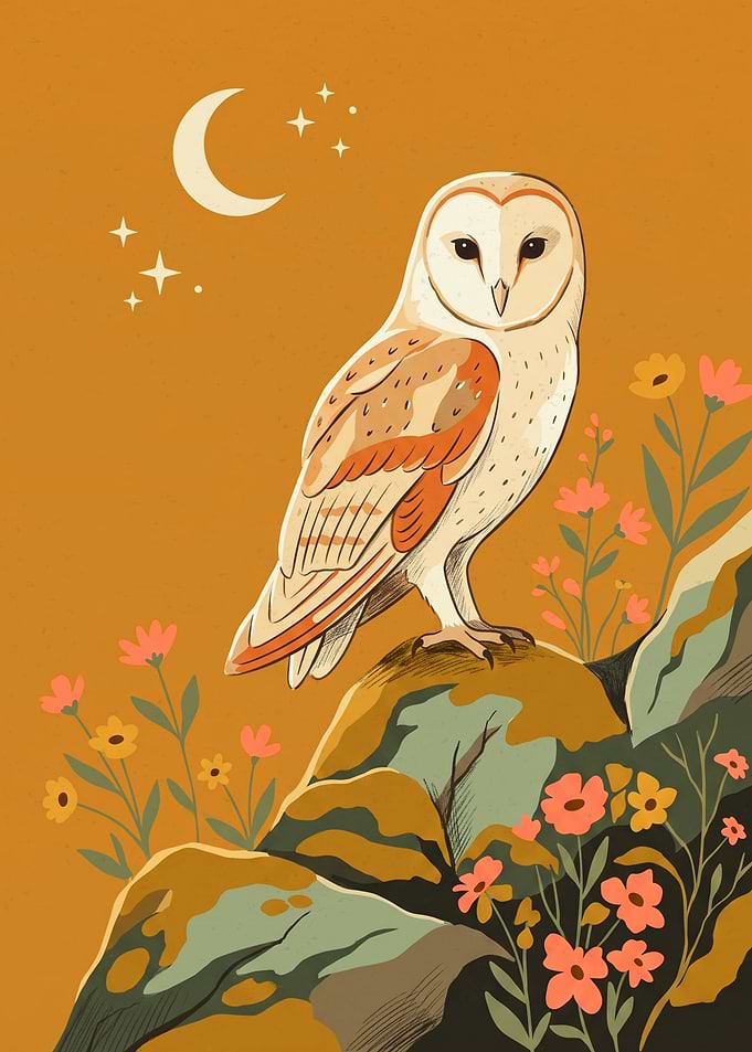 Barn Owl And Flowers Nature Boho Wildlife Bohemian Art Print Design