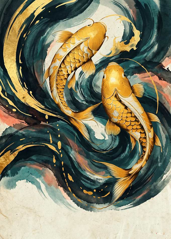 Golden Koi Fish Swirling In Water Japanese Art Watercolor Painting