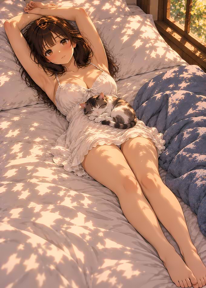 Anime Girl Resting with Sleeping Cat