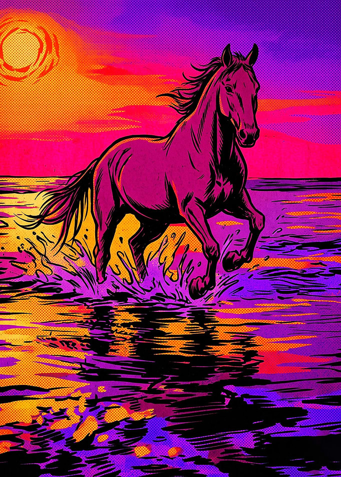 Horse Ocean Beach Retro Synthwave
